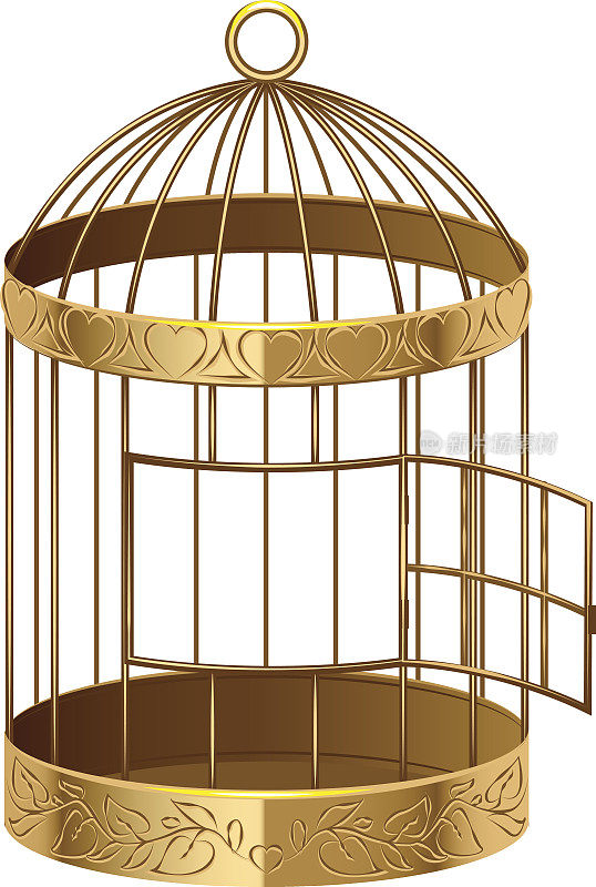 开放黄金鸟笼。一个空鸟笼