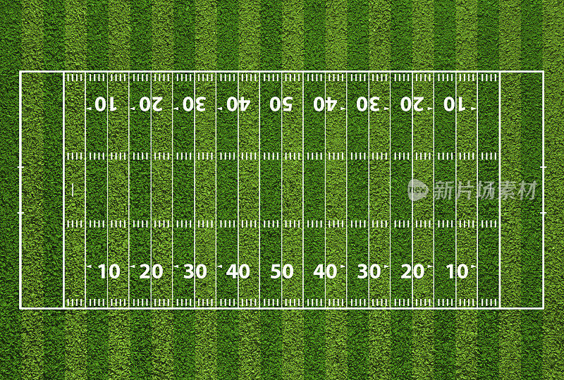 美式足球场，有标记和码线。
