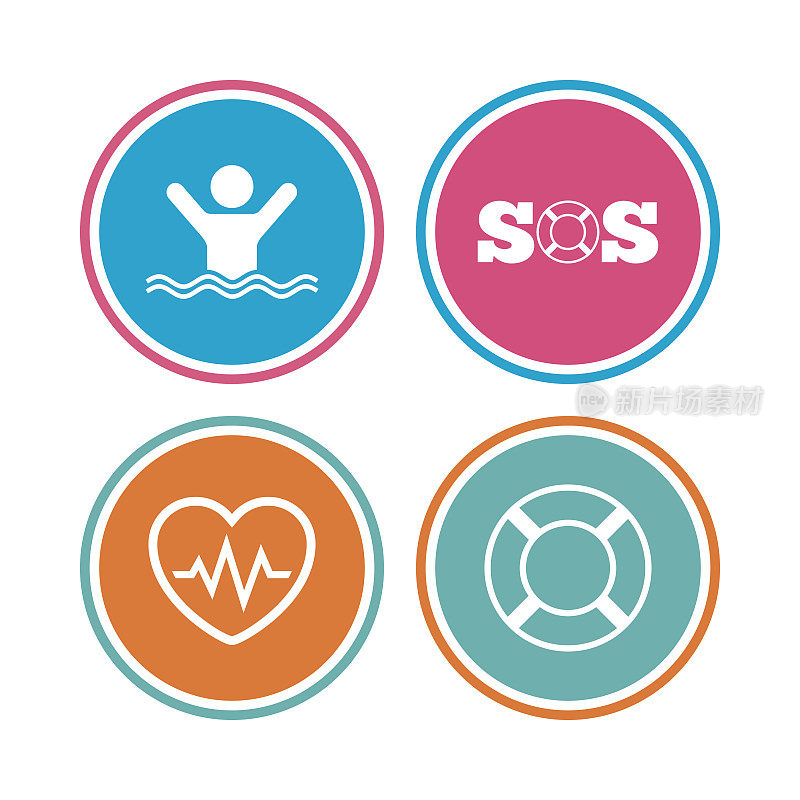 SOS救生圈图标。心跳心电图。