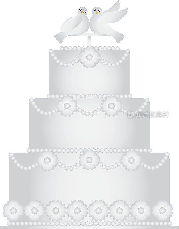 三层婚礼蛋糕与一对鸽子向量