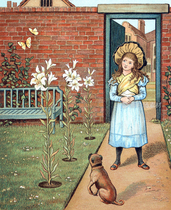 维多利亚时代的女孩和她的狗在花园里