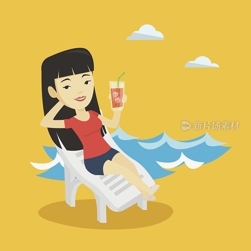 女人放松在沙滩椅矢量插图