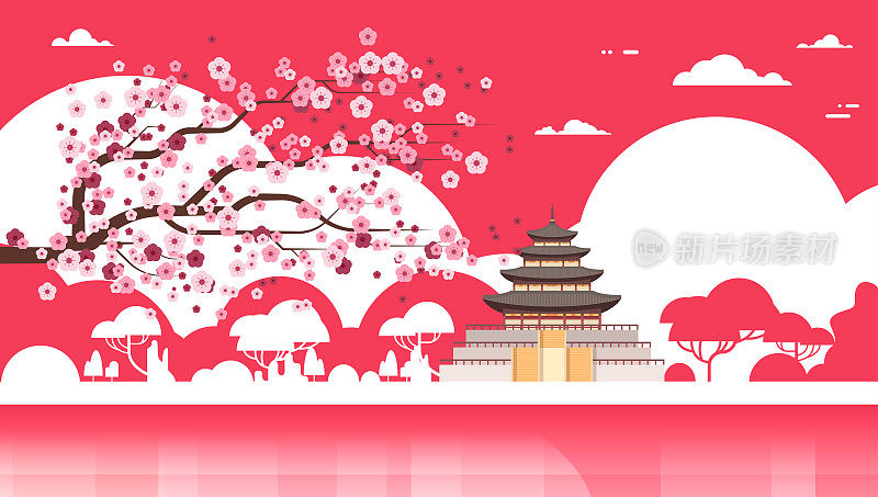 韩国寺庙剪影海报上的宫殿樱花树韩国著名的地标景观