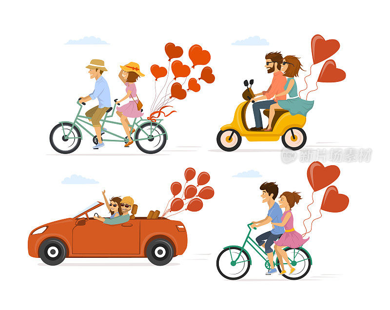 这是一组情侣在公路旅行中约会，他们骑着自行车、双人自行车、滑板车和装有节日气球的汽车