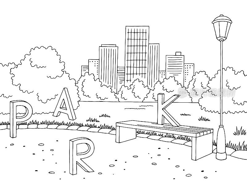 公园图形黑白长凳灯景观素描插图向量