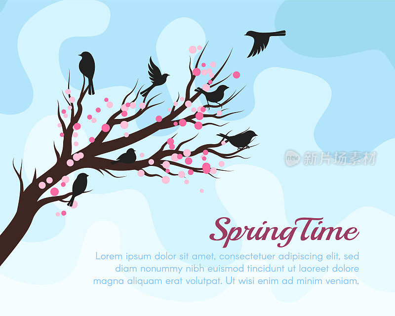 春天的树木开花，鸟语花香。向量装饰背景