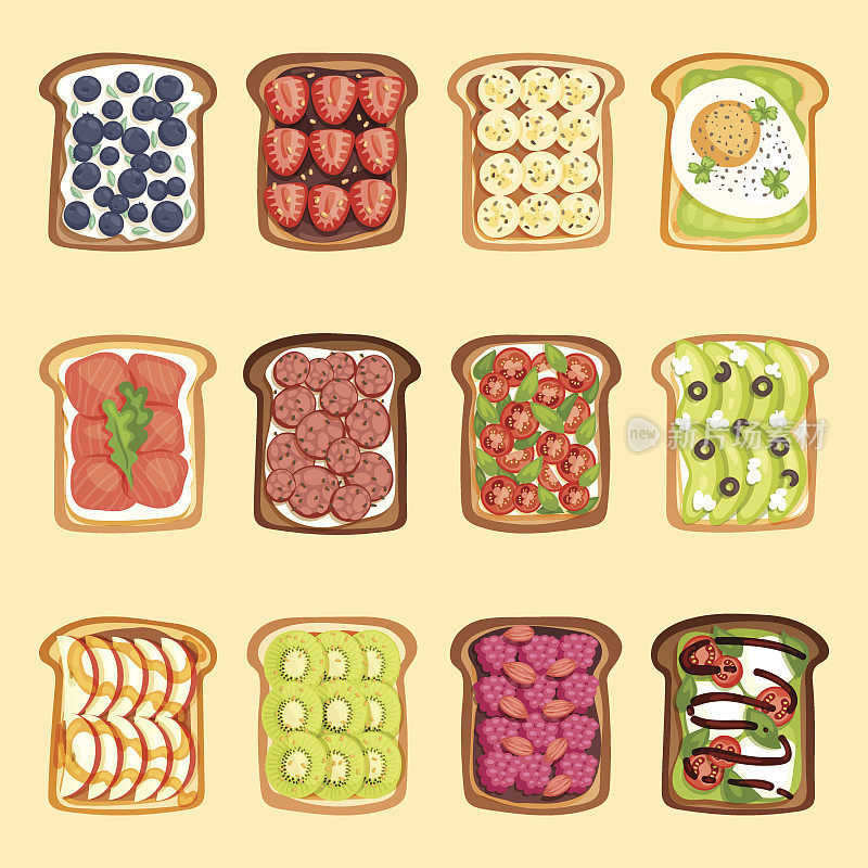 切片的三明治面包和黄油吐司与黄油果酱平坦卡通风格矢量插图