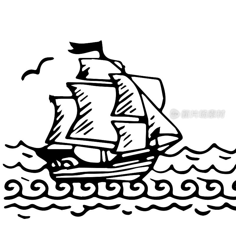 过时的木制经典高大的海盗旗鱼孤立在白色的背景。写意的轮廓，墨水，画的图片，图标，素描，在艺术复古涂鸦风格的笔在纸上。侧视图与空间的文字天空