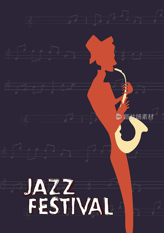爵士音乐节或音乐会海报。音乐家演奏萨克斯管。