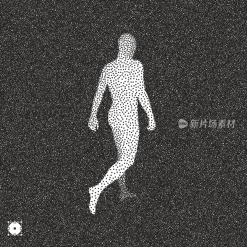 行走的人。三维人体模型。黑白颗粒图案。点彩的效果。矢量插图。