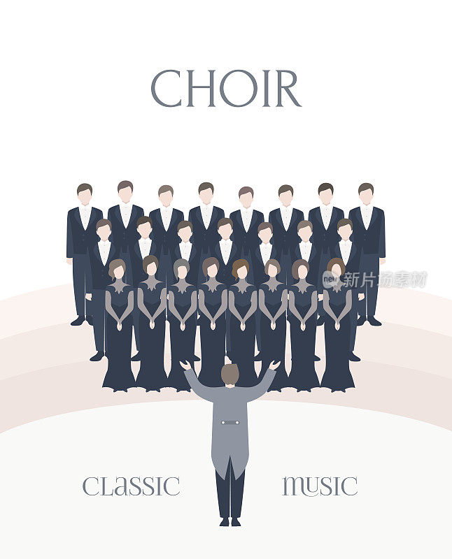 表演古典合唱团的垂直广告海报。男女歌手和指挥。