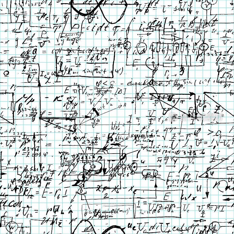 数学运算和等式的无缝模式，无尽的算术模式在无尽的抄写纸上。手写的教训。几何、数学、物理、电子工程等科目。