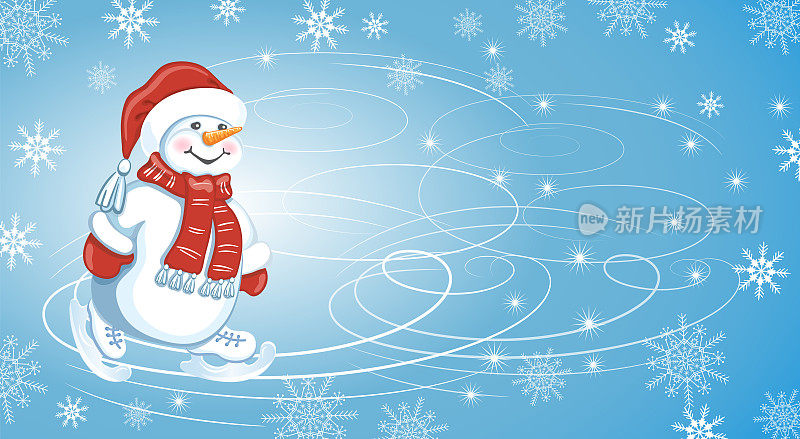 圣诞贺卡雪人在圣诞老人的帽子和溜冰鞋在滑冰场