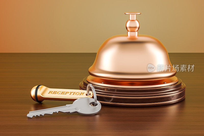 酒店钥匙和接待铃放在木桌上，3D效果图