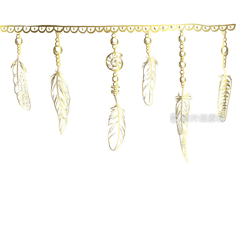 放荡不羁的元素。矢量插图羽毛，链和珠宝在一个黄金轮廓。孤立在白色背景上的装饰性鸟类羽毛。