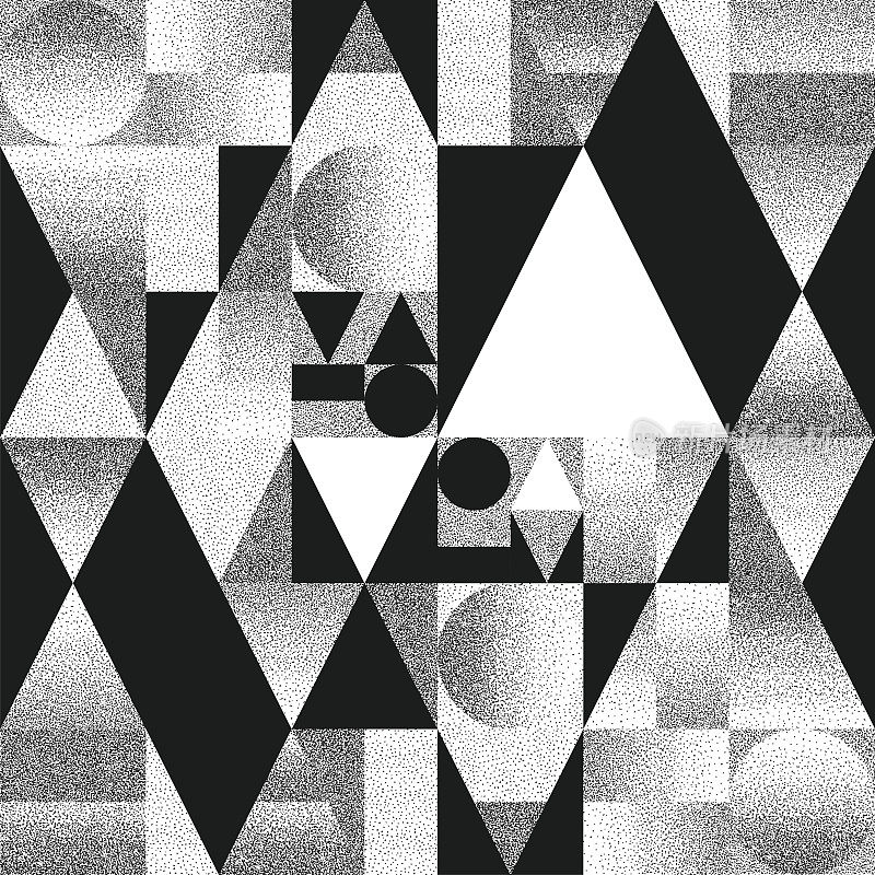 几何形状的抽象组成与混乱的散点梯度。黑白图案，背景，封面，版面，杂志，宣传册，海报。