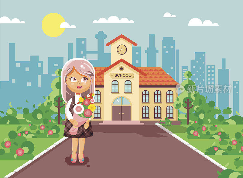 向量插图卡通人物儿童孤独女生女生，小学生，学生站在门前与花束鲜花的建筑知识天开始学习回到学校的扁平风格