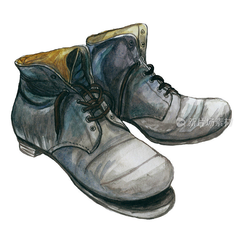 水彩画的旧破旧的鞋子，黑白在白色的背景，为装饰，插图