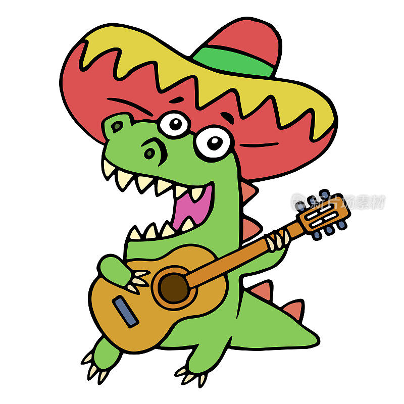 青龙在墨西哥帽和吉他在白色的背景。矢量插图。