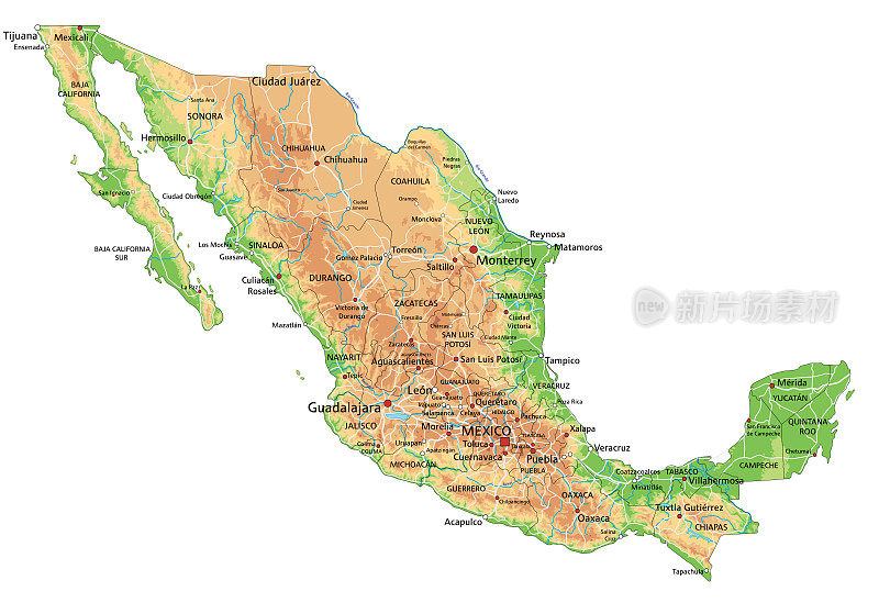 高详细的墨西哥物理地图与标签。