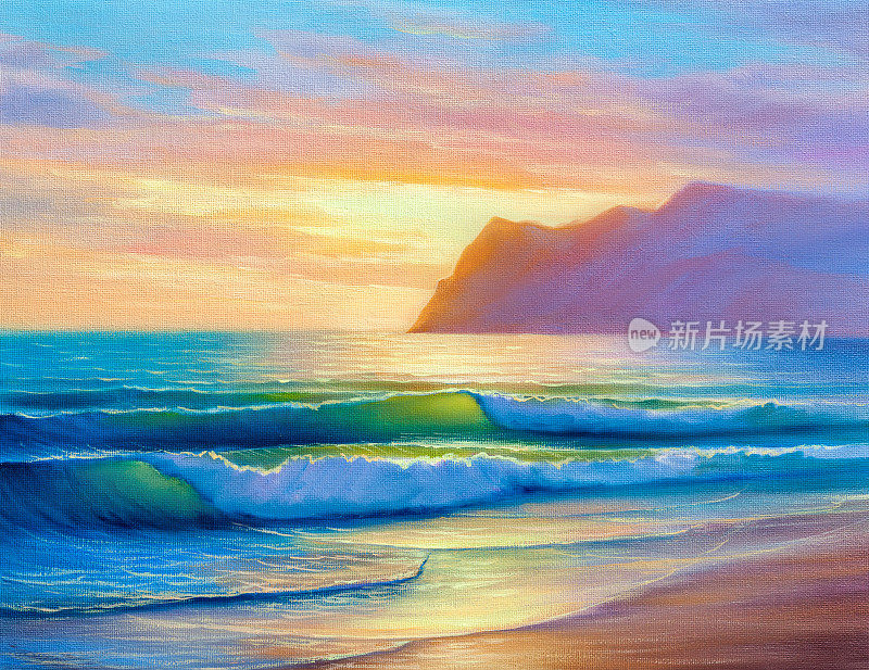 海面上的日落，画布上的油画。