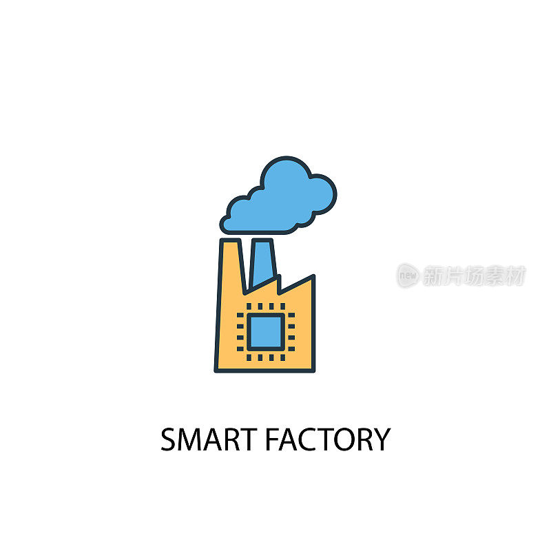 智能工厂概念2彩色线图标。简单的黄色和蓝色元素插图。智能工厂概念轮廓符号设计