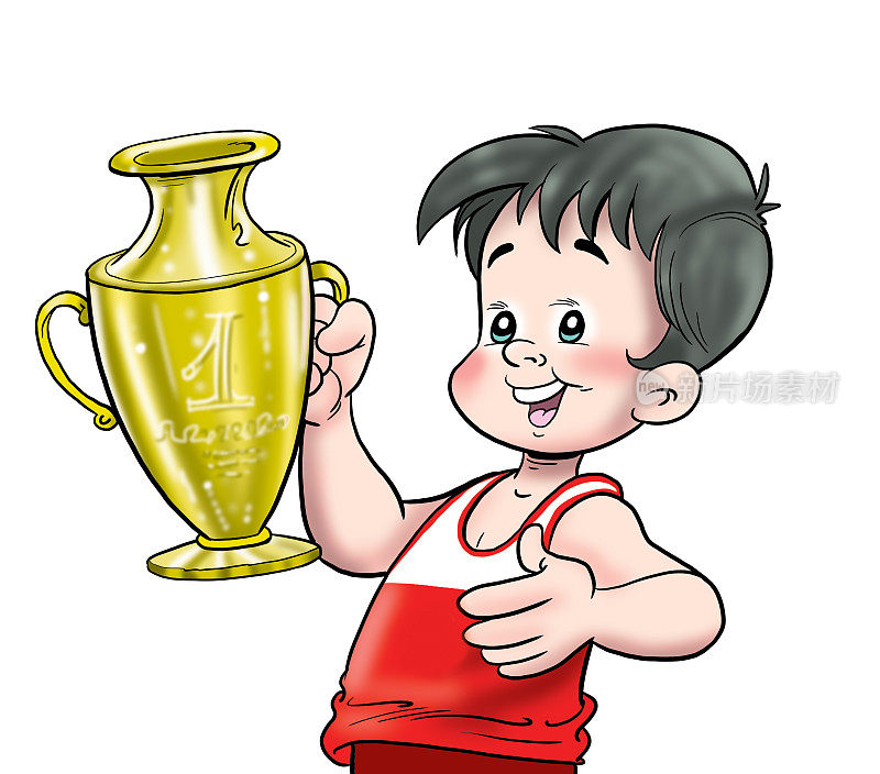 可爱的小男孩拿着赢家奖杯在白色的背景