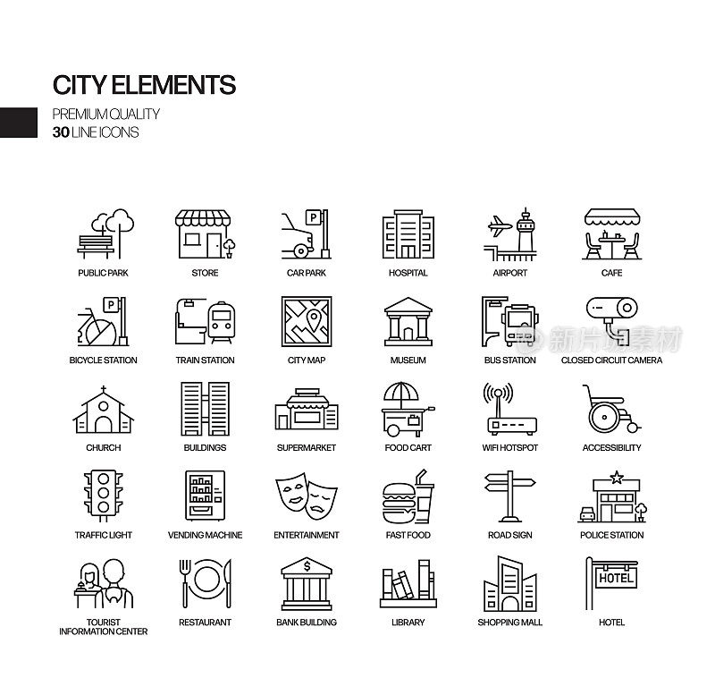 与城市元素相关的向量线图标的简单集合。大纲符号集合。