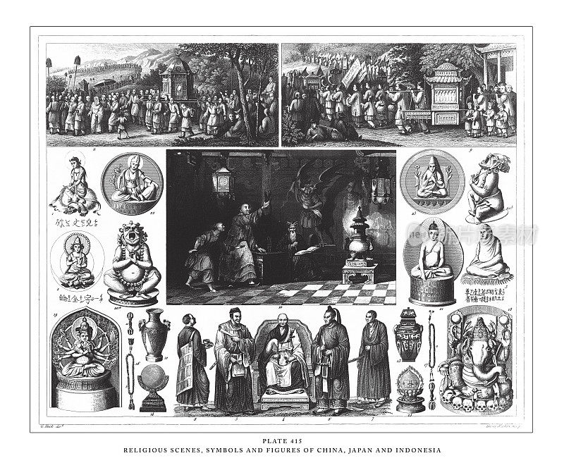 中国、日本和印度尼西亚的宗教场景、符号和人物版画古董插图，1851年出版