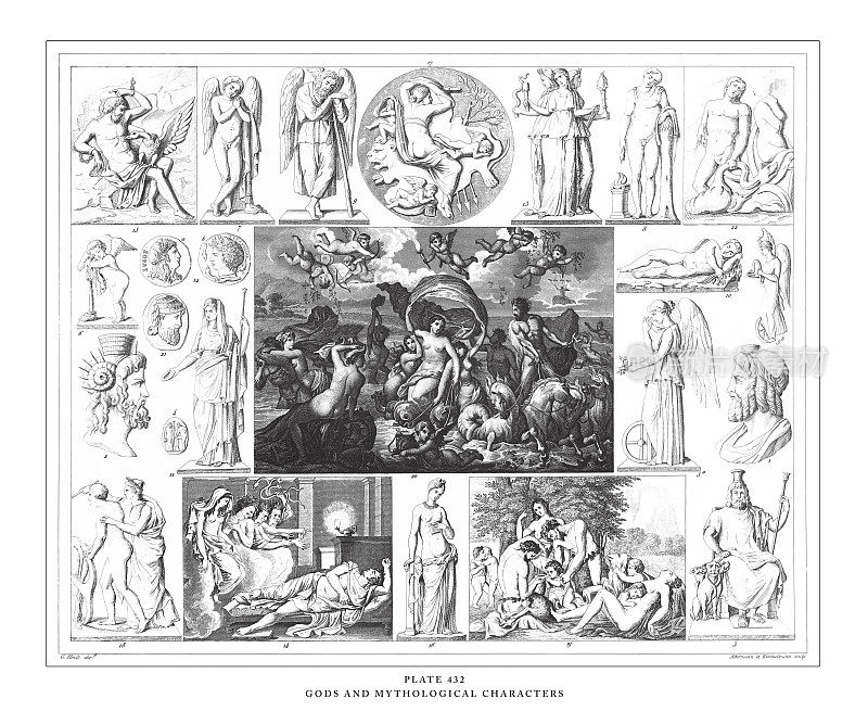 神与神话人物雕刻古董插图，出版于1851年