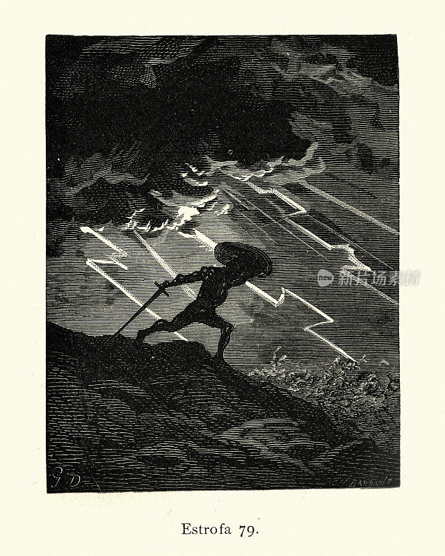 幻想,英雄战士被雷电包围。奥兰多