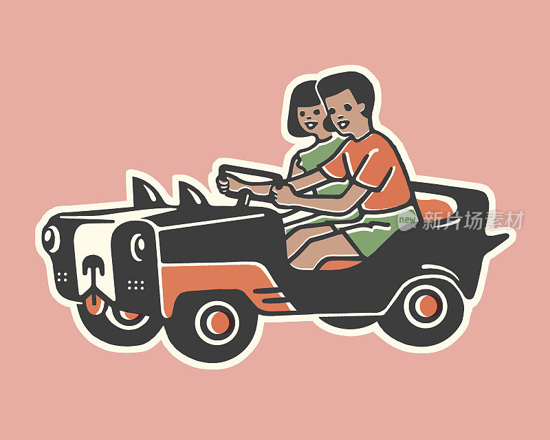 男孩和女孩在玩具吉普车里