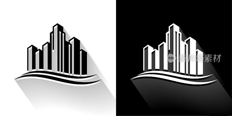 城市景观建筑黑色和白色图标与长影子