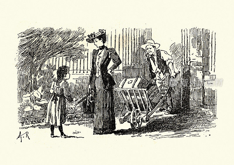 19世纪的女人和女儿推着手推车，装满了行李