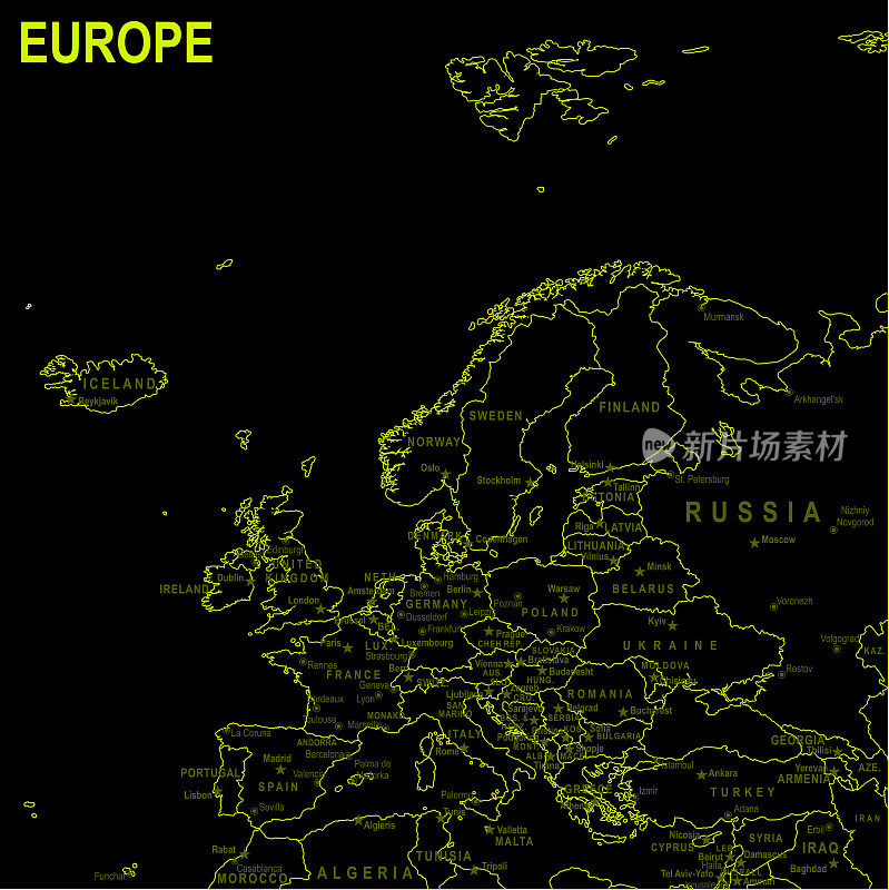 黑色背景下的欧洲霓虹地图