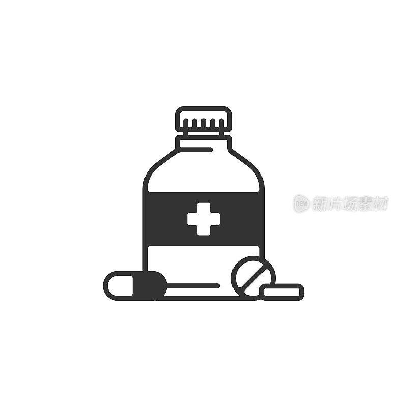 药丸和药瓶图标矢量设计在白色的背景。