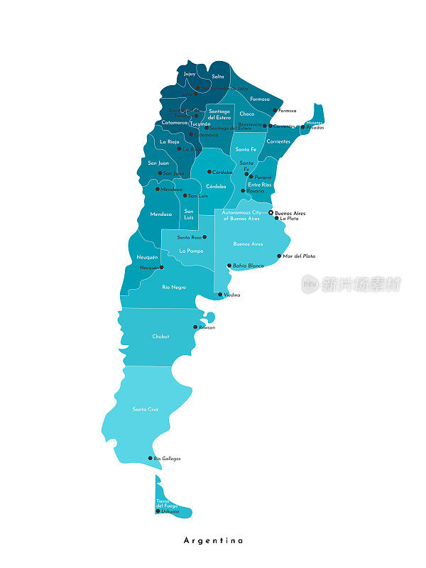 向量孤立的插图。简化的阿根廷行政地图。白色背景和轮廓。阿根廷城市和省份的名称
