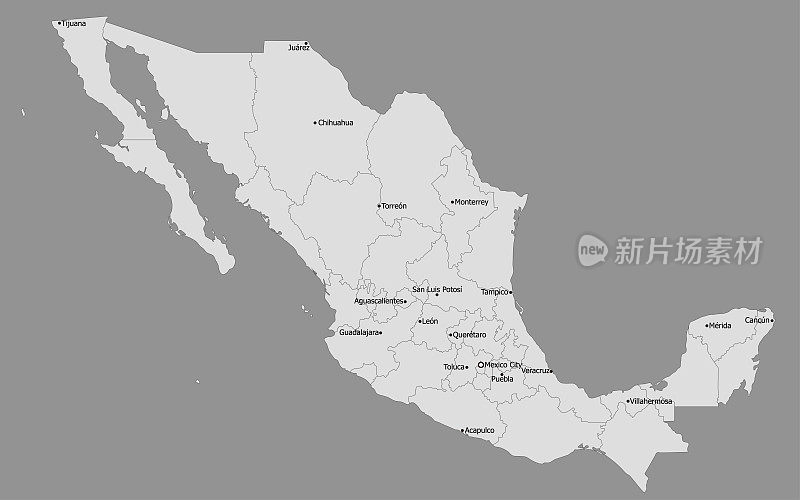 高度详细的政治墨西哥地图，主要城市