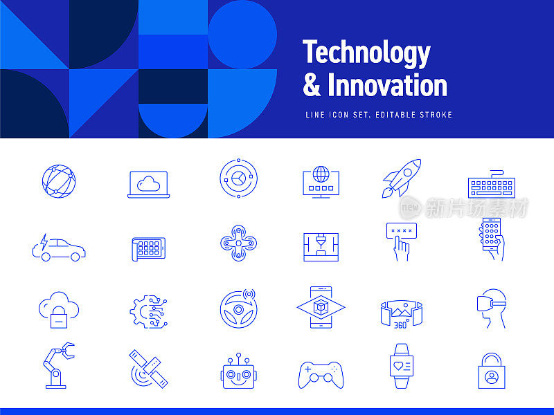 一组技术和创新相关的线图标。可编辑的中风。简单的轮廓图标。