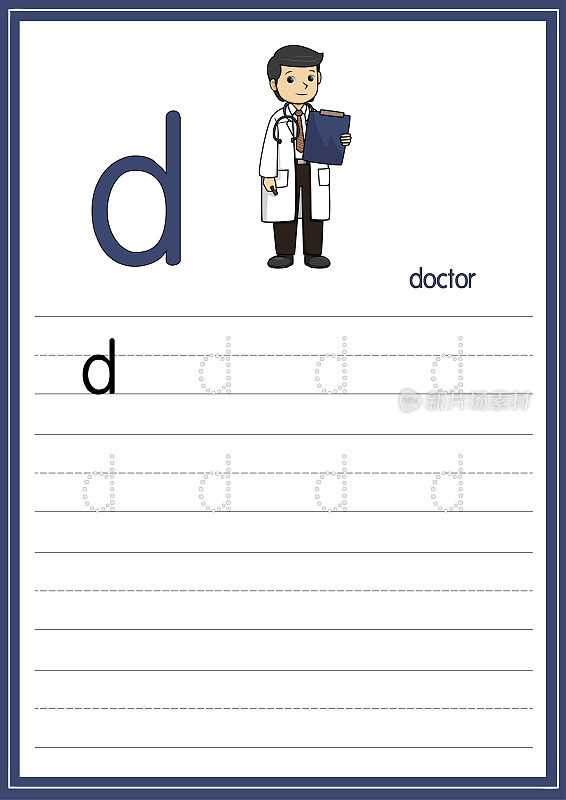 矢量插图的医生孤立在一个白色背景。用小写字母D作为教学和学习媒体，供儿童识别英文字母或供儿童学习写字母用于在家里和学校学习。