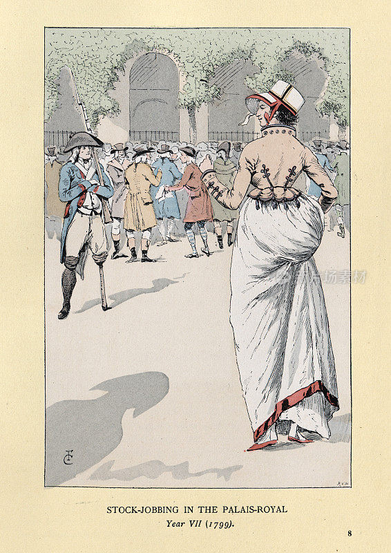 18世纪巴黎皇家宫殿外的年轻女性和股票交易员