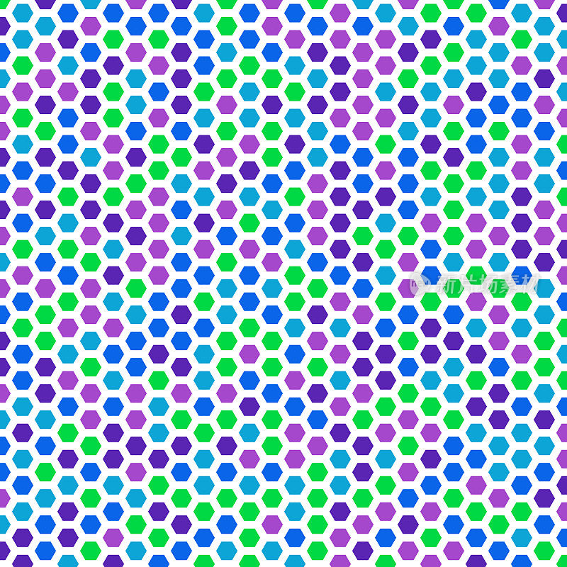 均匀间隔的等边六边形，从五组中随机选取颜色。白色背景。