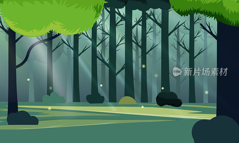 夏季幻想森林景观矢量插图