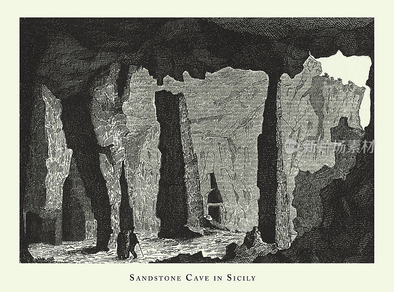 雕刻古董，在西西里的砂岩洞穴，洞穴，冰山，熔岩和岩层雕刻古董插图，出版1851年