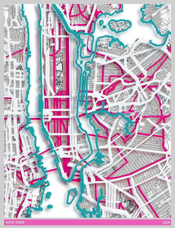 纸张效果风格艺术插图地图，纽约城市，美国