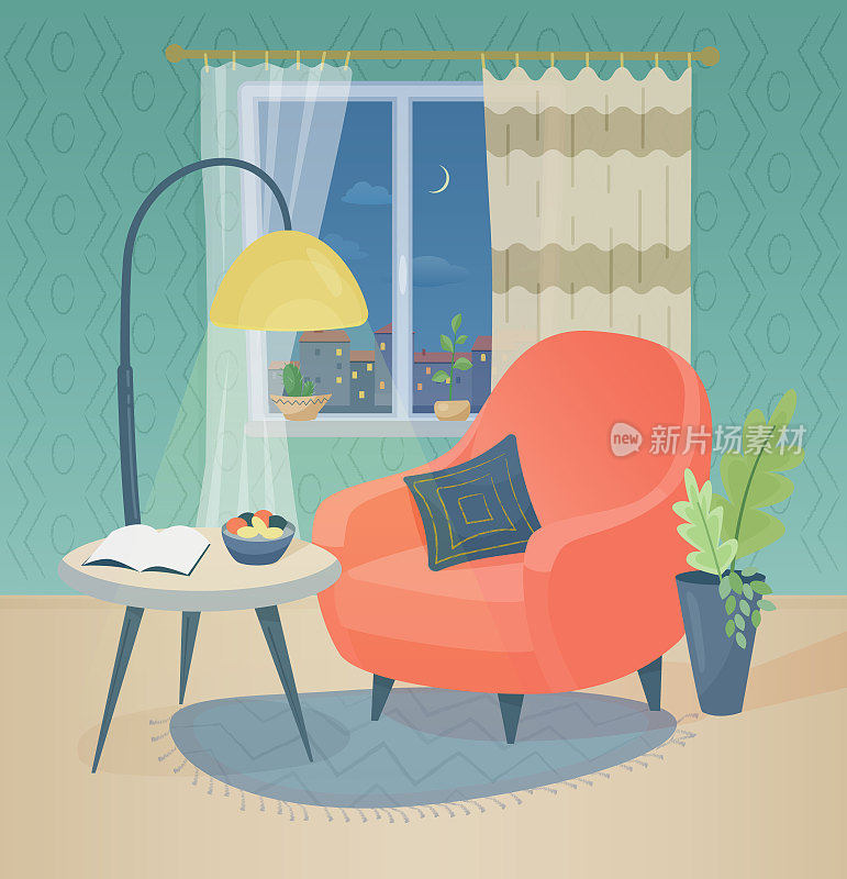 傍晚舒适的客厅与窗户，扶手椅，咖啡桌和植物。