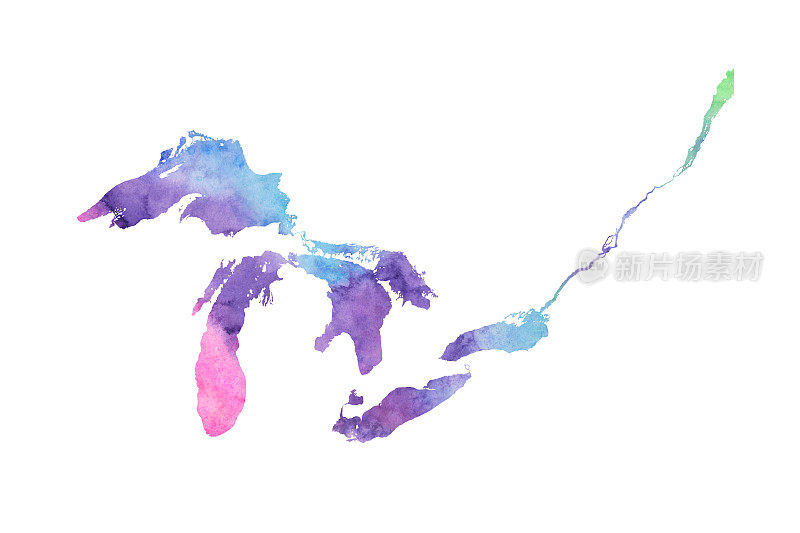 五大湖与圣劳伦斯光栅水彩地图插图