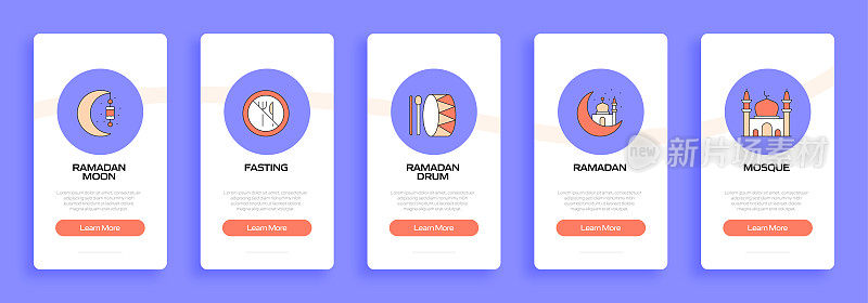 Ramadan概念内置平板图标的移动应用页面屏幕。用户体验，用户界面设计模板矢量插图
