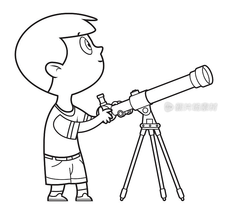 黑与白，可爱的男孩通过望远镜看