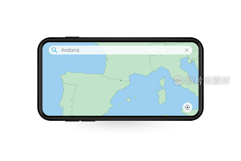 在智能手机地图应用中搜索安道尔地图。手机里的安道尔地图。